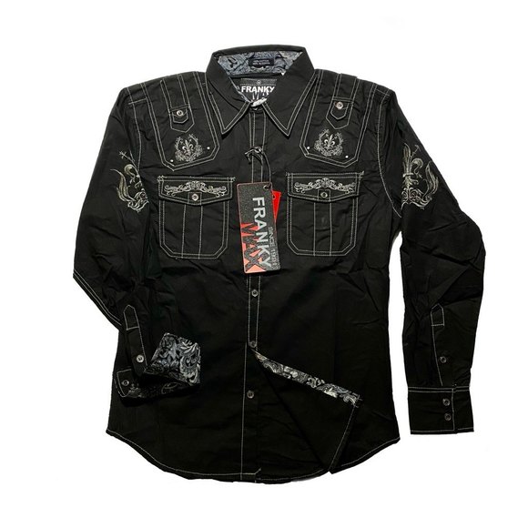 Franky Max Men’s Embroidered w/ Paisley trims Long Sleeve Shirt Size M Blk 3 - Picture 1 of 9